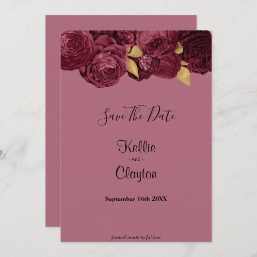 Burgund und Goldflora Save the Date (Vorne/Hinten)
