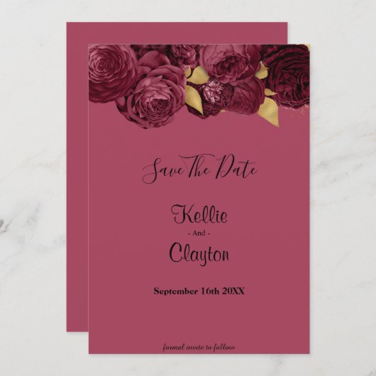 Burgund und Goldflora Save the Date (Vorne/Hinten)