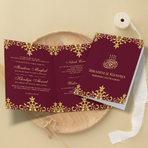 Burgund und Goldfolie Damast Islamische Hochzeit Einladung