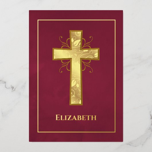 Burgund und Goldtaufe oder Christening Filigree Folieneinladung (Vorderseite)