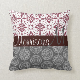 Burgund und Grau Damast Monogramm Kissen