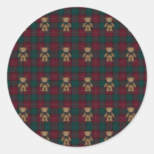 Burgund- und Grün-Teddy-Tartan-Seidenpapier Runder Aufkleber