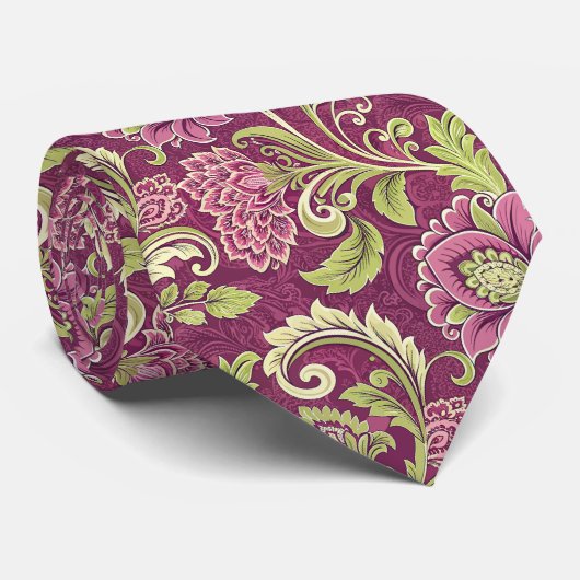 Burgund und grüne Blumengestelle Damask Neck Tie Krawatte (Gerollt)