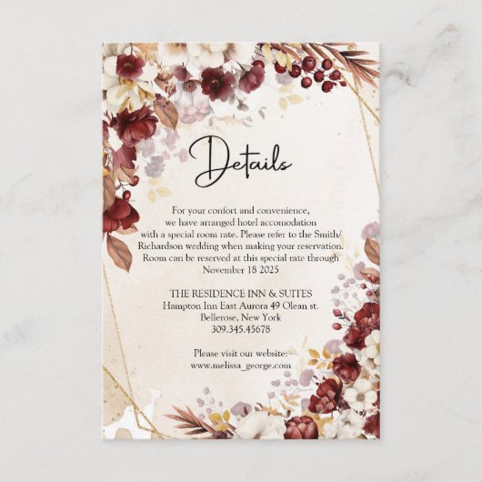 Burgund und Herbst Blume und Blätter Goldrahmen Begleitkarte (Vorderseite)