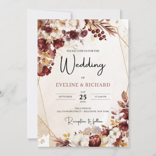 Burgund und Herbst Blume und Blätter Goldrahmen Einladung (Vorderseite)