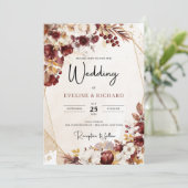 Burgund und Herbst Blume und Blätter Goldrahmen Einladung (Stehend Vorderseite)