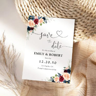 Burgund und Marine speichern die Datumskarten Save The Date