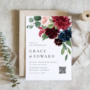 Burgund- und Marineblaue botanische QR-Code-Hochze Einladung