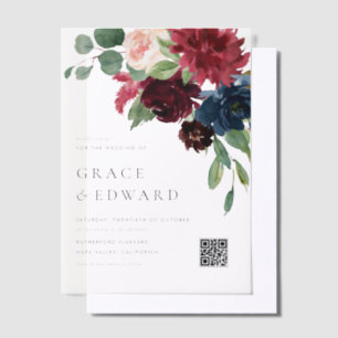 Burgund- und Marineblaue Floral-QR-Code-Hochzeit Pergament Einladungen