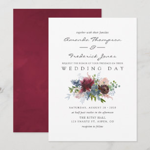 Burgund und marineblaue florale Aquarell-Hochzeit Einladung