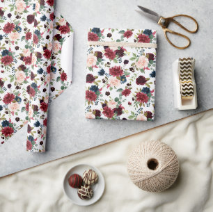 Burgund und marineblaue Wasserfarben-Blumenmuster Geschenkpapier