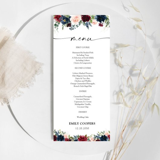 Burgund und Navy Baby Shower Menü Menükarte