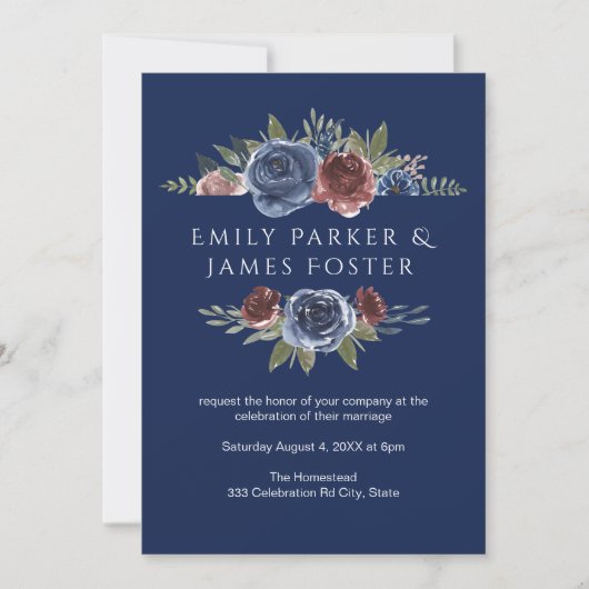 Burgund und Navy Blue Blush Floral Rustic Wedding Einladung (Vorderseite)