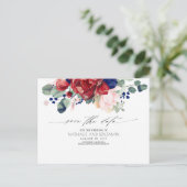 Burgund und Navy Blue Floral Boho Save the Date Postkarte (Stehend Vorderseite)