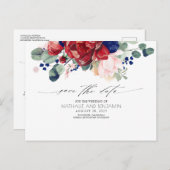 Burgund und Navy Blue Floral Boho Save the Date Postkarte (Vorne/Hinten)