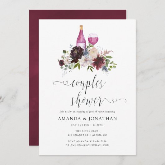 Burgund und Navy Paare Dusche Weinprobe Einladung (Vorne/Hinten)