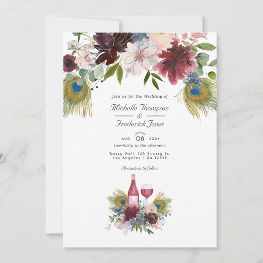 Burgund und Navy Pfauenwein Degustation Hochzeit Einladung (Vorderseite)