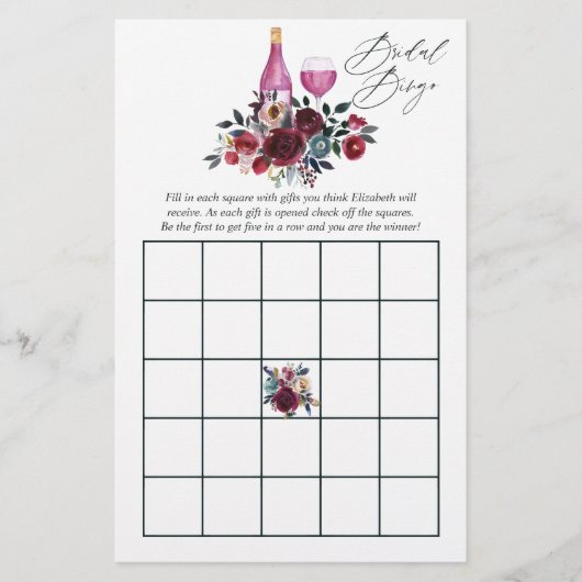 Burgund und Navy Weinprobe Brautparty Bingo (Vorderseite)