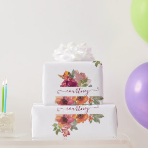 Burgund und orange Aquarell-Blumen personalisiert Geschenkpapier