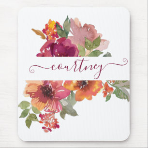 Burgund und orange Aquarell-Blumen personalisiert Mousepad