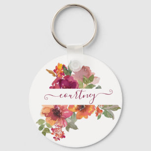 Burgund und orange Aquarell-Blumen personalisiert Schlüsselanhänger