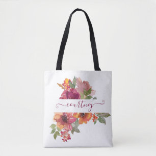 Burgund und orange Aquarell-Blumen personalisiert Tasche