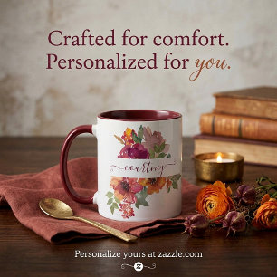 Burgund und orange Aquarell-Blumen personalisiert Tasse