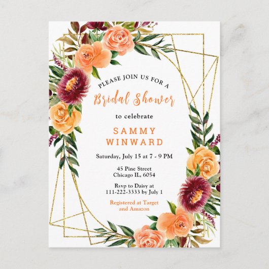 Burgund und Orange Blume Brautparty Postkarte (Vorderseite)