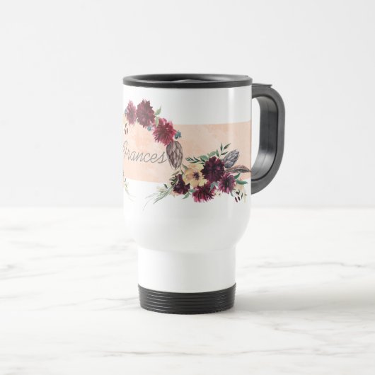 Burgund und Peach Floral Personalisiert Travel Mug Reisebecher (VorderseiteRechts)