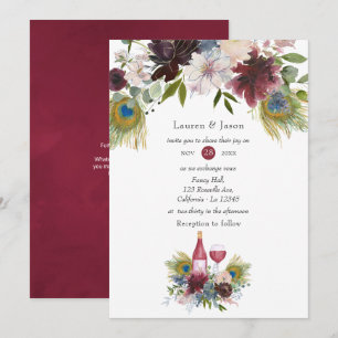 Burgund und Pfauenwein der Marine Hochzeit Einladung