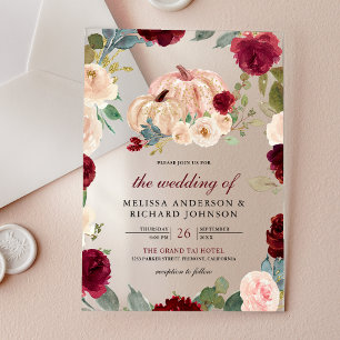 Burgund- und Pfirsich-Blumen-Kürbis-Hochzeit Acryleinladungen