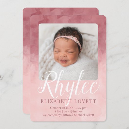 Burgund und Pink Ombre Wasserfarbe Geburt Ankündigung (Vorne/Hinten)