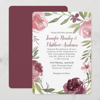 Burgund und Pink Wasserfarbe Rose Hochzeit | Einladung