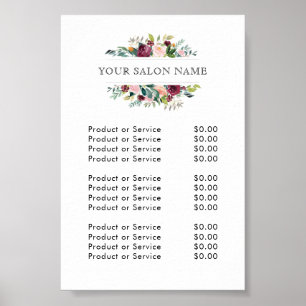 Burgund- und Rosa-Aquarell-Blumen-Preisliste Poster