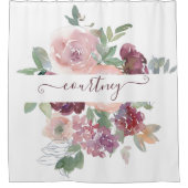 Burgund und rosa Aquarellblumen personalisiert Duschvorhang (Vorderseite)