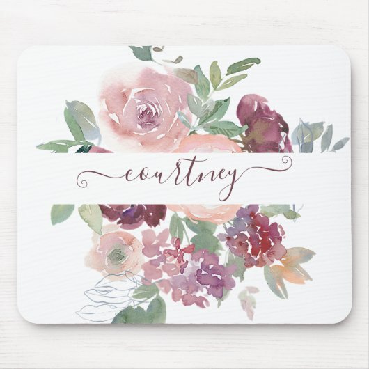 Burgund und rosa Aquarellblumen personalisiert Mousepad (Vorne)