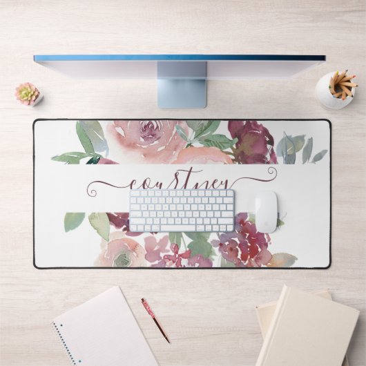 Burgund und rosa Aquarellblumen personalisiert Schreibtischunterlage (Büro 1)