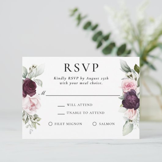 Burgund und Rosa Blumen Elegantes UAWG RSVP Karte (Stehend Vorderseite)