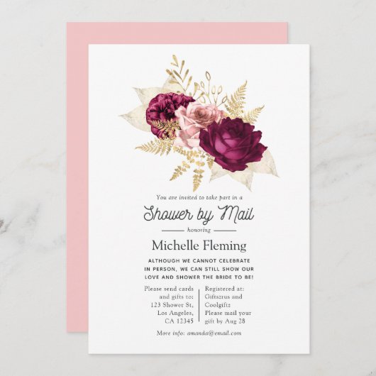 Burgund und Rosa Blumendusche von Mail Einladung (Vorne/Hinten)