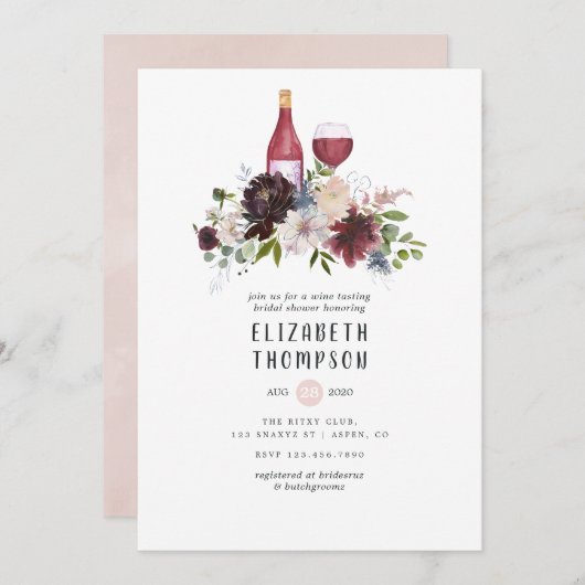 Burgund und Rosa Brautparty zur Weinprobe Einladung (Vorne/Hinten)