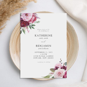 Burgund und Rosa Elegante Blumenhochzeit Einladung