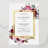 Burgund und Rosa Elegante Blumenhochzeit Folieneinladung (Vorderseite)