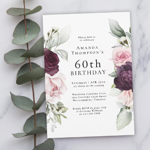 Burgund und Rosa Flora Elegant 60. Geburtstag Einladung