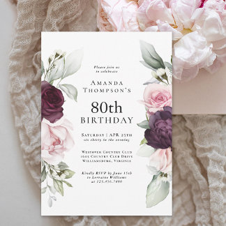 Burgund und Rosa Flora Elegant 80. Geburtstag Einladung