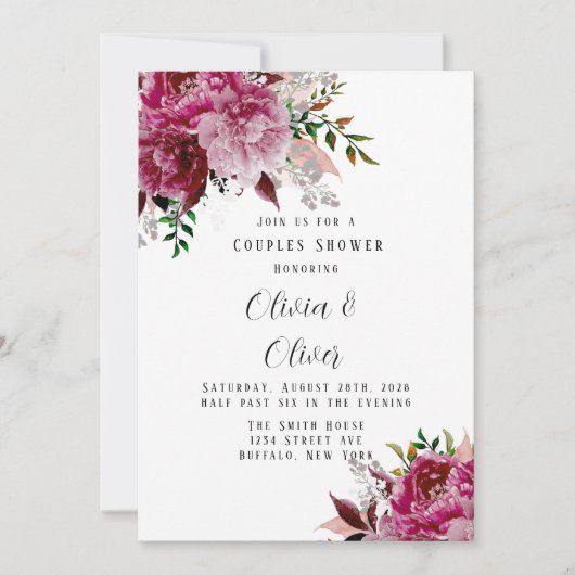 Burgund und Rosa Pink Peony Couples Dusche Einladung (Vorderseite)