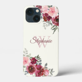 Burgund und rosa Rosen auf gelben Mit Monogramm Case-Mate iPhone Hülle