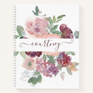 Burgund und rosa Wasserfarbe floral personalisiert Notizblock