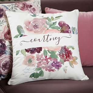 Burgund und rosa Wasserfarbe florale personalisier Kissen