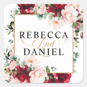 Burgund und Rosa Watercolor Blumen Hochzeit Quadratischer Aufkleber
