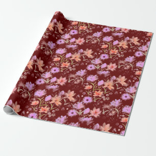 Burgund und rosafarbenes Vintage-Blumenmuster Geschenkpapier